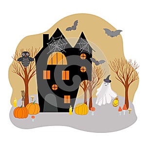 Halloween holiday decorated scene with spider web, bat, haunted house, candle, ghost, broom, pumpkin, hat, mushroom