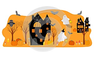 Halloween holiday decorated scene with spider web, bat, haunted house, candle, ghost, broom, pumpkin, hat, mushroom