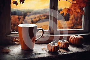 for halloween holiday, decoration with latte and pumpkins on a windowsill, beautiful autumn landscape outside the window