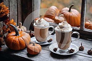 for halloween holiday, decoration with latte and pumpkins on a windowsill, beautiful autumn landscape outside the window