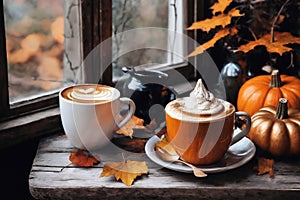 for halloween holiday, decoration with latte and pumpkins on a windowsill, beautiful autumn landscape outside the window