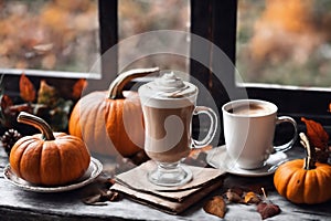 for halloween holiday, decoration with latte and pumpkins on a windowsill, beautiful autumn landscape outside the window