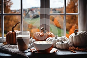 for halloween holiday, decoration with latte and pumpkins on a windowsill, beautiful autumn landscape outside the window