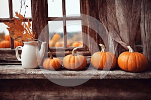 for halloween holiday, decoration with latte and pumpkins on a windowsill, beautiful autumn landscape outside the window