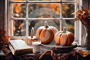 for halloween holiday, decoration with latte and pumpkins on a windowsill, beautiful autumn landscape outside the window