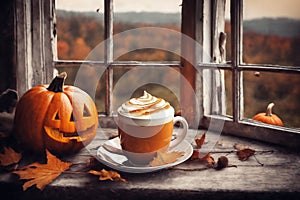 for halloween holiday, decoration with latte and pumpkins on a windowsill, beautiful autumn landscape outside the window