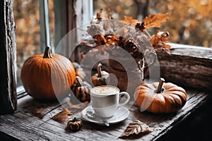 for halloween holiday, decoration with latte and pumpkins on a windowsill, beautiful autumn landscape outside the window, rural,