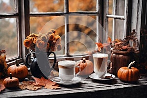 for halloween holiday, decoration with latte and pumpkins on a windowsill, beautiful autumn landscape outside the window, rural,