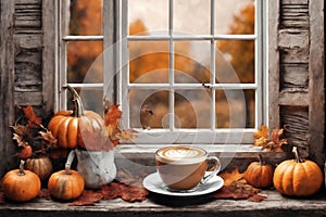 for halloween holiday, decoration with latte and pumpkins on a windowsill, beautiful autumn landscape outside the window, rural,