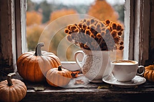 for halloween holiday, decoration with latte and pumpkins on a windowsill, beautiful autumn landscape outside the window, rural,