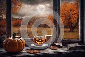 for halloween holiday, decoration with latte and pumpkins on a windowsill, beautiful autumn landscape outside the window, still