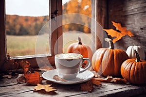 for halloween holiday, decoration with latte and pumpkins on a windowsill, beautiful autumn landscape outside the window, still