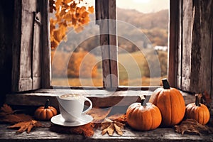 for halloween holiday, decoration with latte and pumpkins on a windowsill, beautiful autumn landscape outside the window, still