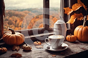 for halloween holiday, decoration with latte and pumpkins on a windowsill, beautiful autumn landscape outside the window, still