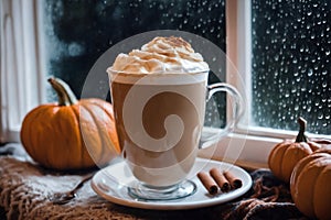 for halloween holiday, decoration with latte and pumpkins on a windowsill, with rain drops on window, still life, festive