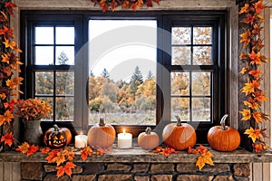 halloween holiday decoration with pumpkins, autumn leaves and candles, still life, cozy, festive background, beautiful