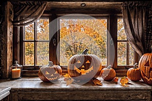 halloween holiday decoration with pumpkins, autumn leaves and candles, still life, cozy, festive background, beautiful