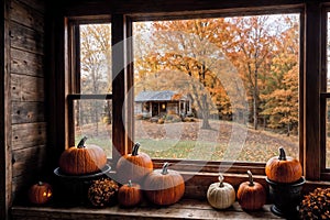 halloween holiday decoration with pumpkins, autumn leaves and candles, still life, cozy, festive background, beautiful