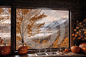 halloween holiday decoration with pumpkins, autumn leaves and candles, still life, cozy, festive background, beautiful