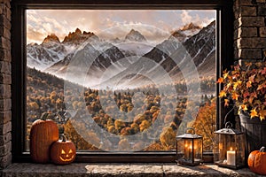 halloween holiday decoration with pumpkins, autumn leaves and candles, still life, cozy, festive background, beautiful