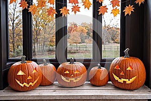 halloween holiday decoration with pumpkins, autumn leaves and candles, still life, cozy, festive background, beautiful