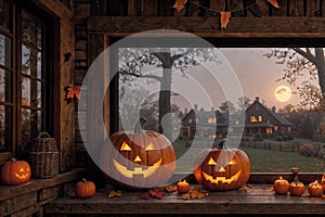 halloween holiday decoration with pumpkins, autumn leaves and candles, still life, cozy, festive background, beautiful