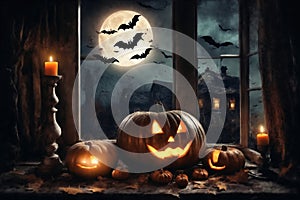 halloween holiday decorations, jack o lantern pumpkins and candles on a windowsill, flying bats outside the window, moonlit