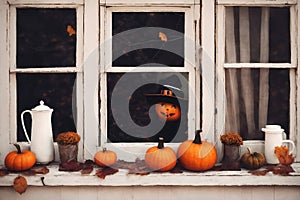 halloween holiday, the exterior of the old wooden house is decorated with pumpkins and leaves, old window and wall, holiday