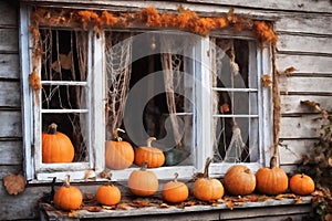 halloween holiday, the exterior of the old wooden house is decorated with pumpkins and leaves, old window and wall, holiday