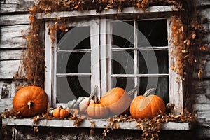 halloween holiday, the exterior of the old wooden house is decorated with pumpkins and leaves, old window and wall, holiday