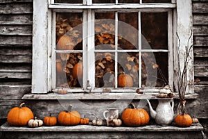 halloween holiday, the exterior of the old wooden house is decorated with pumpkins and leaves, old window and wall, holiday