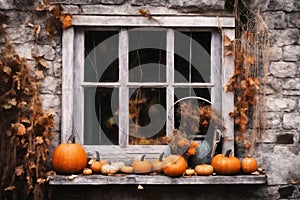 halloween holiday, the exterior of the old wooden house is decorated with pumpkins and leaves, old window and wall, holiday