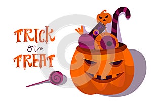 Halloween holiday greeting card. Halloween  vector composition with pumpkin and more Halloween candy.