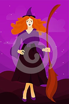 Halloween holiday greeting card. Young witch with magic wand  on a scare  abstract Background.
