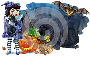 Halloween holiday little girl witch and cat on black background