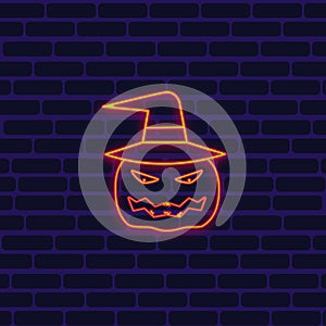 Halloween holiday, Neon evil pumpkin on brick wall background. Icon vector line icon