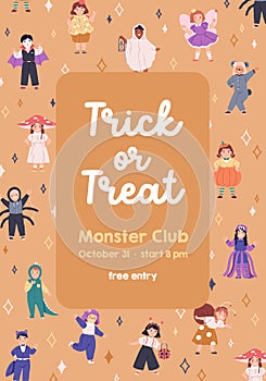 Halloween holiday party card, ad banner design with disguised kids. Promo poster, flyer template for October carnival photo