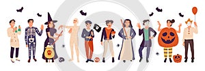 Halloween holiday party, people in carnival costumes, autumn holiday event. Spooky witch, mummy and clown characters vector