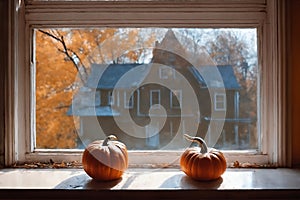 for halloween holiday, pumpkins on a windowsill and home with autumn landscape outside window, still life, festive background