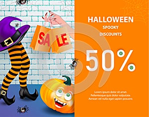 Halloween holiday sale banner with pumpkin happy monster face, purple witch hat, legs with striped stockings, cute smiling spiders