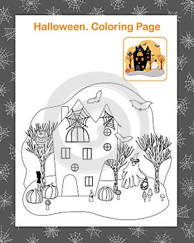 Halloween holiday scene spider web, bat, haunted house, candle, ghost, broom, pumpkin, mushroom outline coloring page