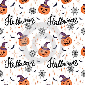 Halloween holiday seamless pattern background with hand drawing elements - pumpkin, ghost, cat and skull. Vector