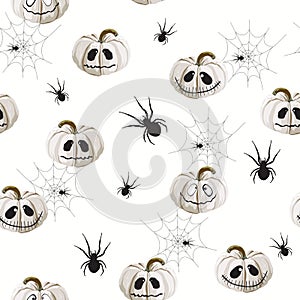 Halloween holiday seamless pattern background with hand drawing elements - white pumpkin and spider.
