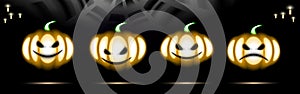 Halloween Holiday Set Glow Pumpkins neon icon. Led light design Thanksgiving day. Isolated signs for Banner covering on black