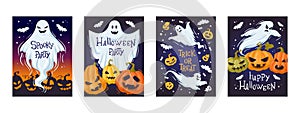 Halloween holiday spooky ghost party banner, scary pumpkins cards. Cartoon ghosted spirit and spooky pumpkins vector background