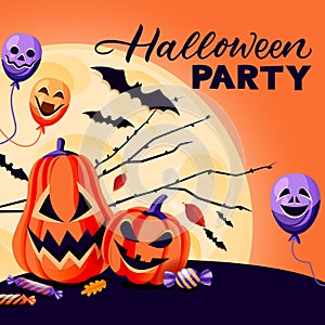 Halloween holiday square banner, flyer or poster design template. Vector flat cartoon illustration