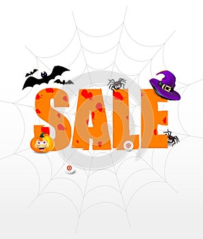 Halloween holliday sale. Big orange lettering, flying bats, spiders, smiling pampkin face, eyes and witch hat isolated