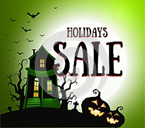 Halloween hollidays sale banner. House on hill with pumpkin, cemetery cross and scary dry trees on light moon background