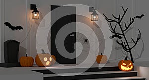 Halloween home decorations with pumpkin lamps and scary items decorated front of the doormat night, 3D rendering