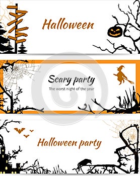 Halloween horizontal banners. Scary vector illustration with black plants for party invitations.Text frame